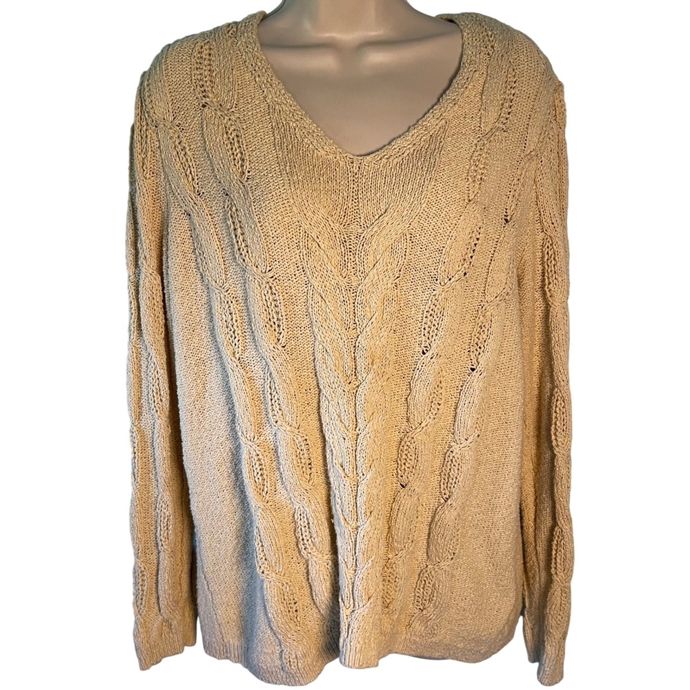 J.Jill Women‎ Cableknit Sweater Sz L Ivory Cream V-Neck Classic Fisherman